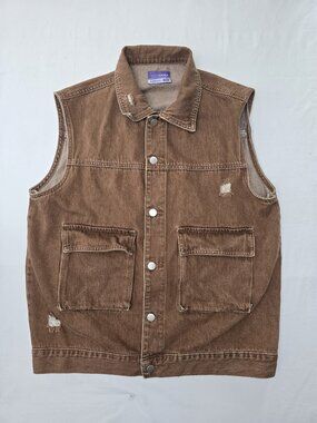 KAOKA Studio Distressed Brown Denim Vest Utility Cargo Pockets - Size S (100% Co